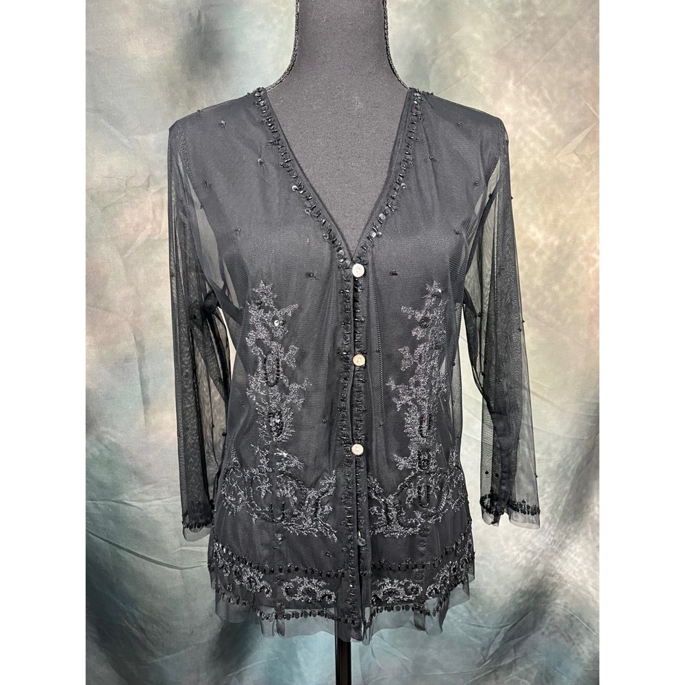 Y2K Bandolino Black Sheer Mesh Sequin Beaded Cardigan Top NWT Large